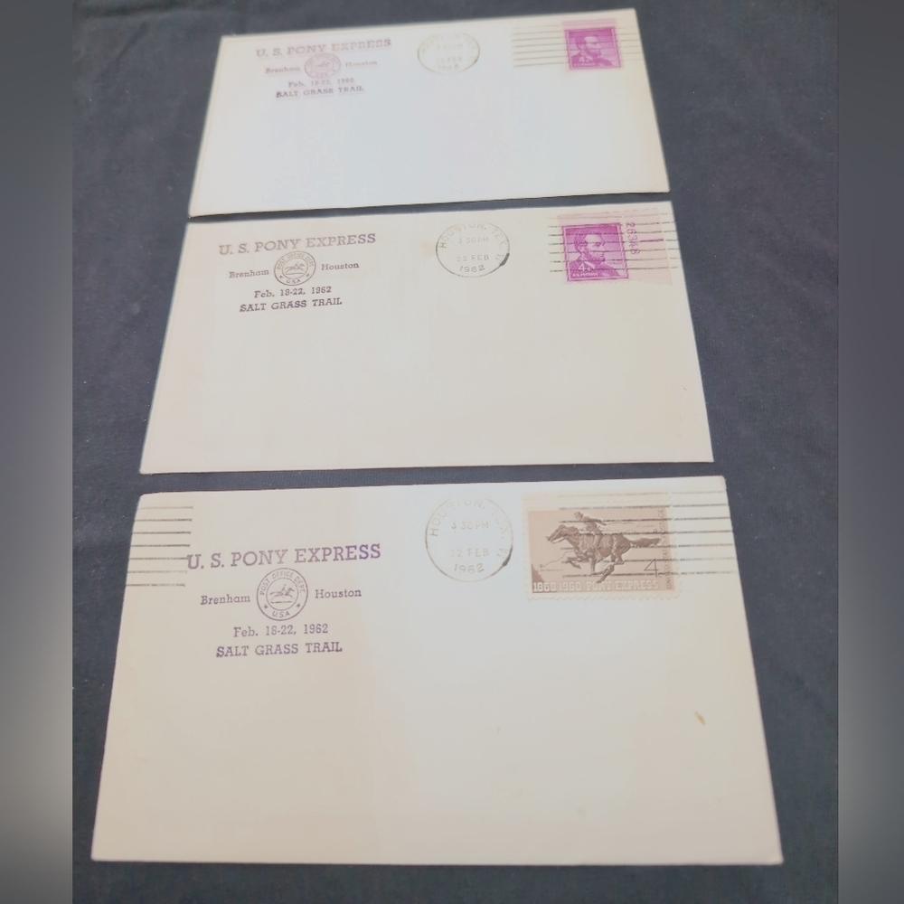 3 - 1962 U.S. Pony Express Salt Grass Trail Brenham To Houston FDC Envelopes